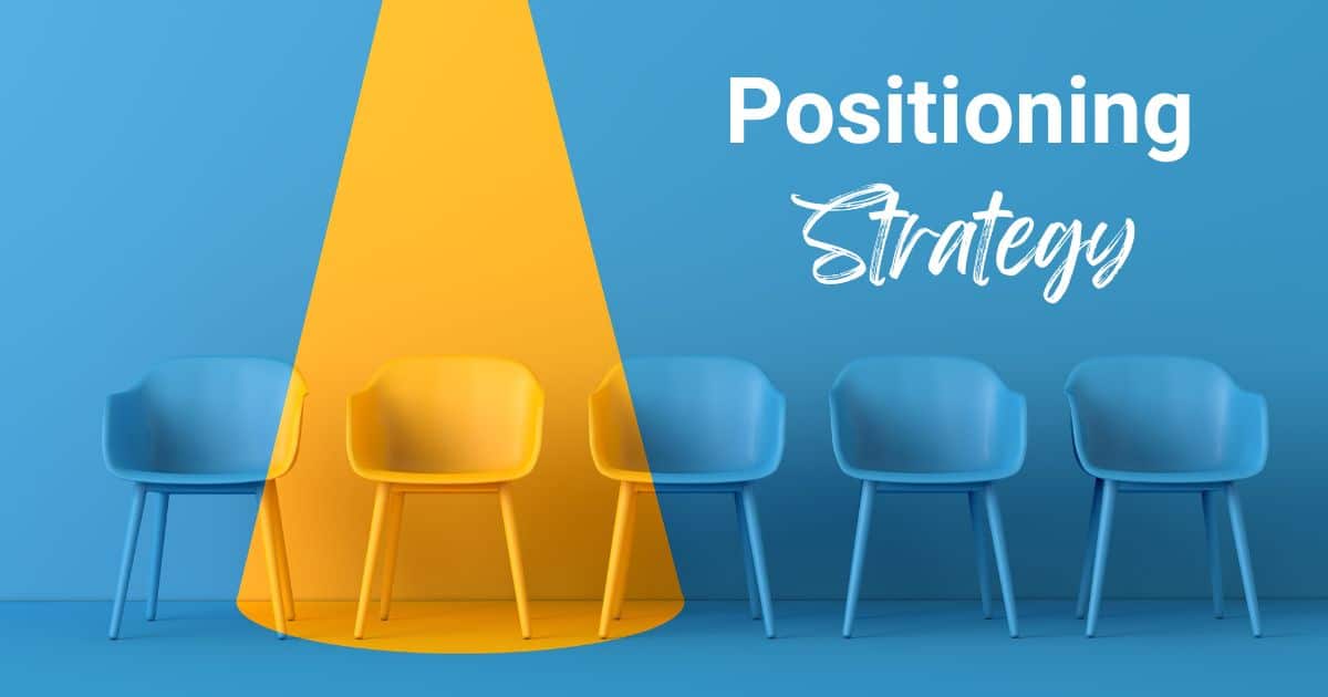 Four blue chairs, one is yellow with text "positioning strategy" intended to depict tips for product positioning
