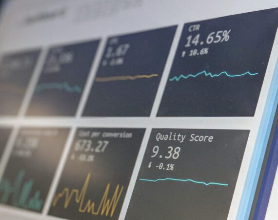 A data analytics dashboard with statistics and line graphs.