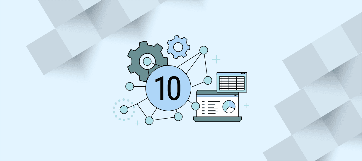 An illustration of the number 10 surrounded by interconnected gears and network nodes, with a laptop displaying charts and data