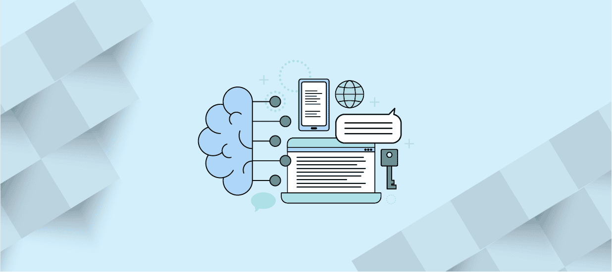 An illustration of a brain-like cloud connected to a laptop, a mobile device, and an Internet globe icon