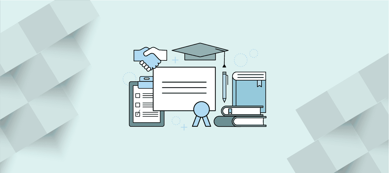 Icons representing educational and career development elements including a certificate, a clipboard with a checklist, a handshake, a graduation cap, and stacked books