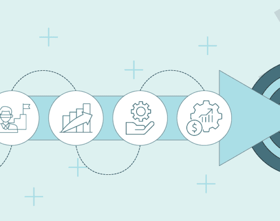 An arrow pointing toward a bullseye, with various icons representing improved team performance.