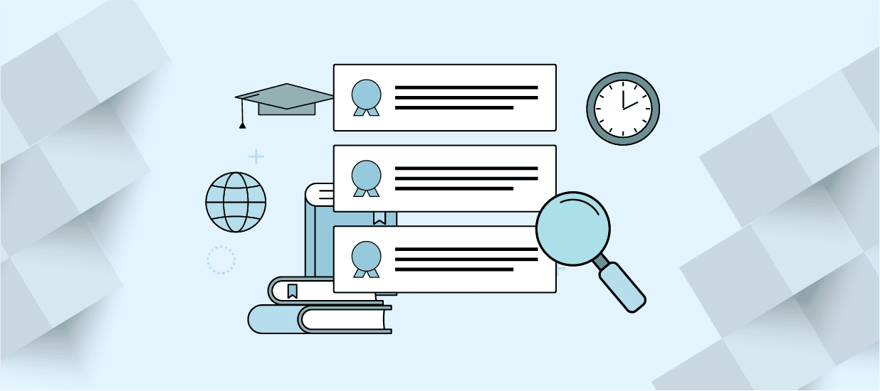 Icons including a graduation cap, globe, books, certificates, and magnifying glass, representing choosing a product management certification