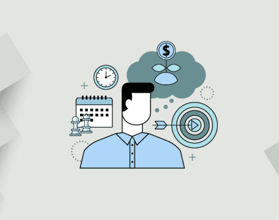 A short-haired figure surrounded by two chess pieces, a calendar, a clock, a target with an arrow in the middle, and a thought bubble containing a seedling with a dollar sign in place of a flower