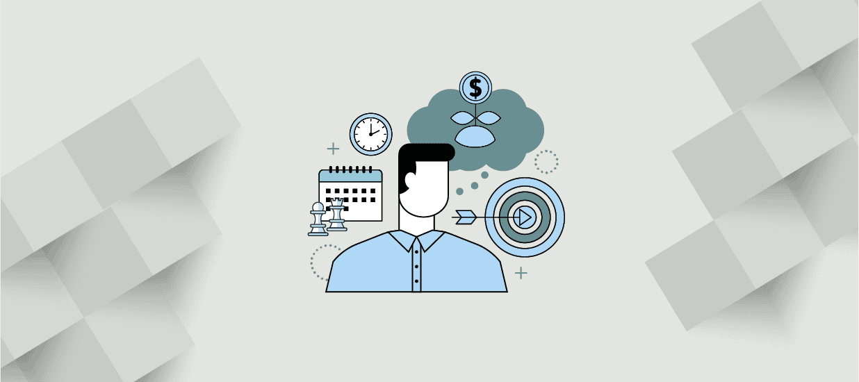 A short-haired figure surrounded by two chess pieces, a calendar, a clock, a target with an arrow in the middle, and a thought bubble containing a seedling with a dollar sign in place of a flower