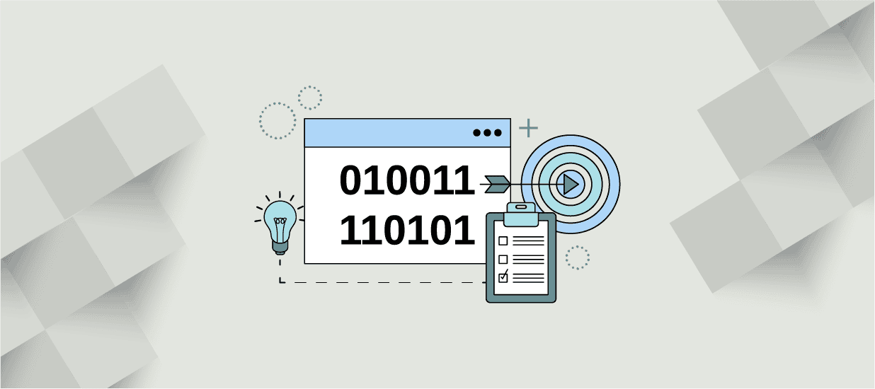An illustration of a screen with binary on it, a lightbulb, a target with an arrow hitting the center, and a clipboard with a checklist
